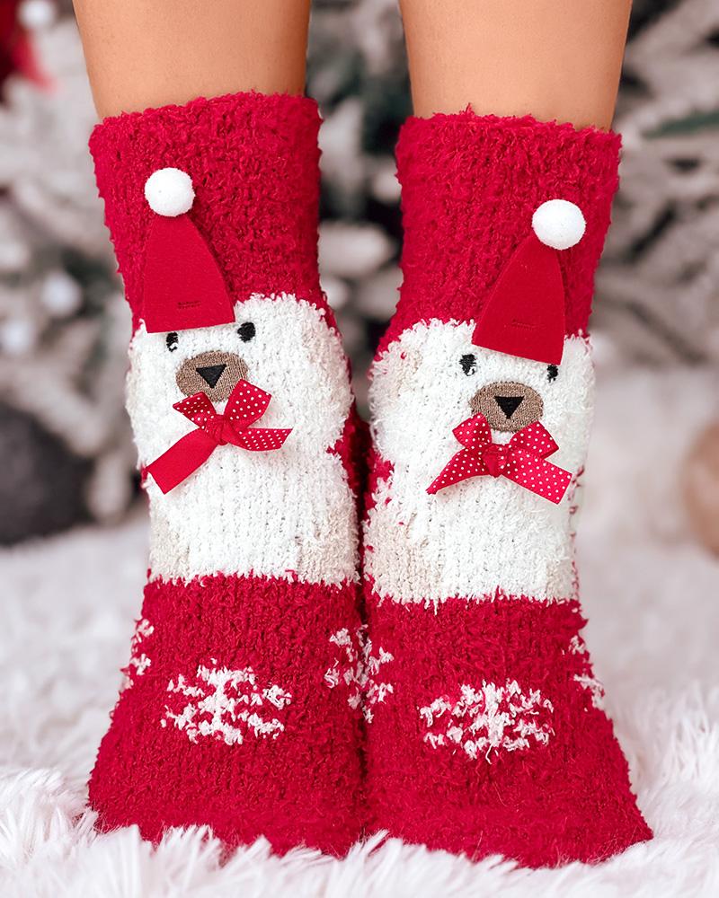 1 par de calcetines térmicos peludos con estampado navideño de copos de nieve, alces y muñecos de nieve