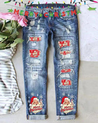 Merry Christmas Santa Claus Snowflake Print Ripped Jeans