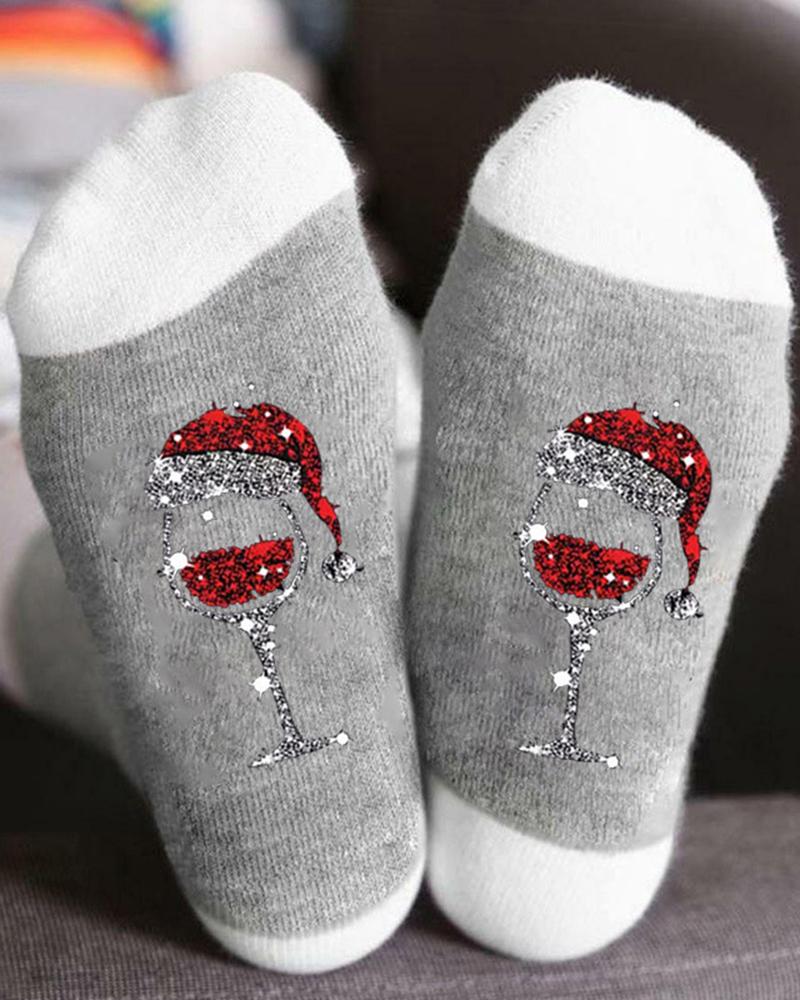 1Pair Christmas Wine Glass Print Colorblock Crew Socks