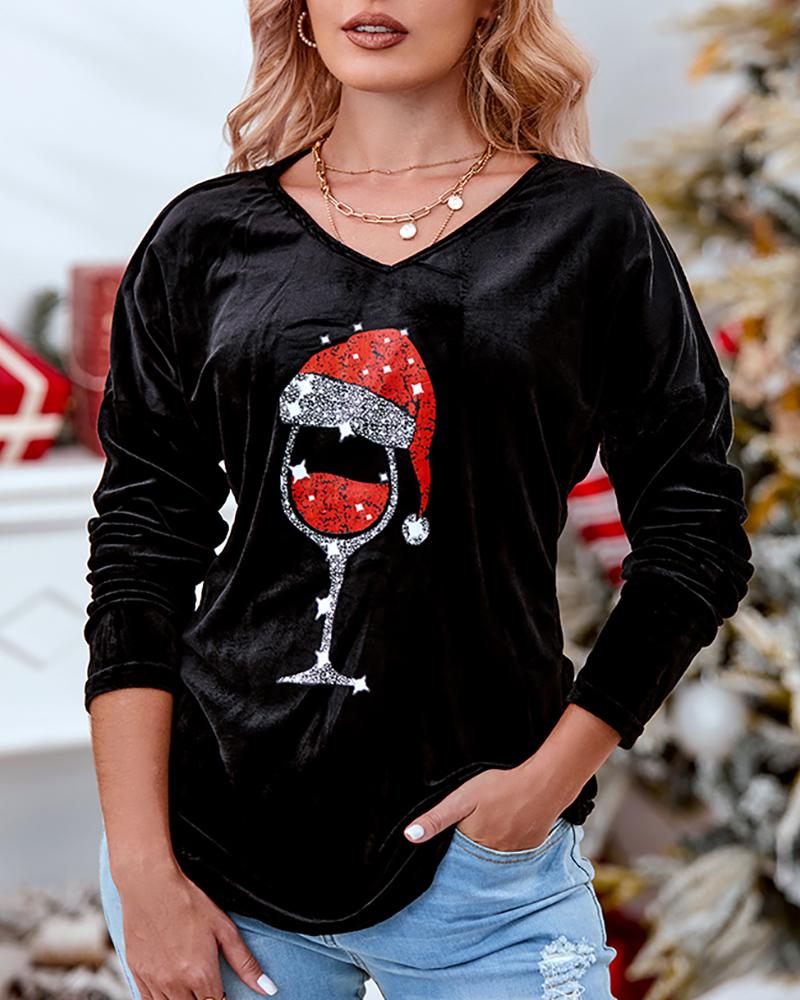 Christmas Hat Wine Glasses Print Long Sleeve Top