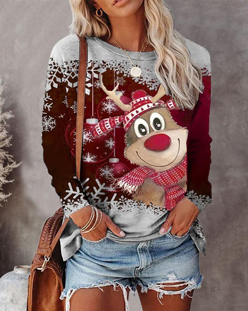 Christmas Snowflake Elk Print Long Sleeve Casual Top