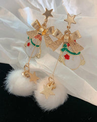 Christmas Bowknot Snowman Pattern Pom Pom Drop Earrings