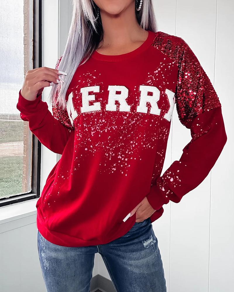 Merry Christmas Ink Splash Print Contrast Sequin Top