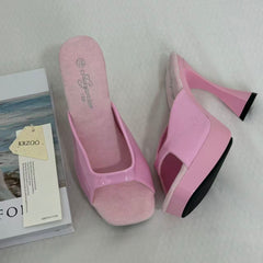 Square-Toe Crystal High Heels With Block Heels