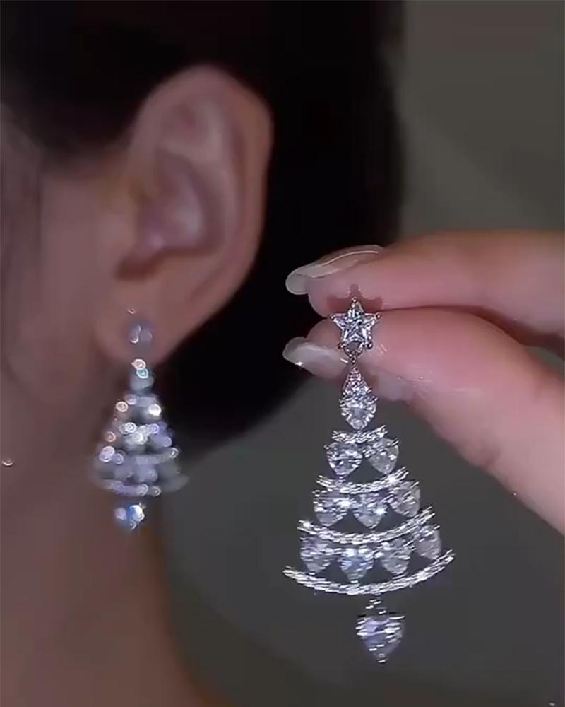 1Pair Christmas Tree Shaped Rhinestone Star Drop Earrings