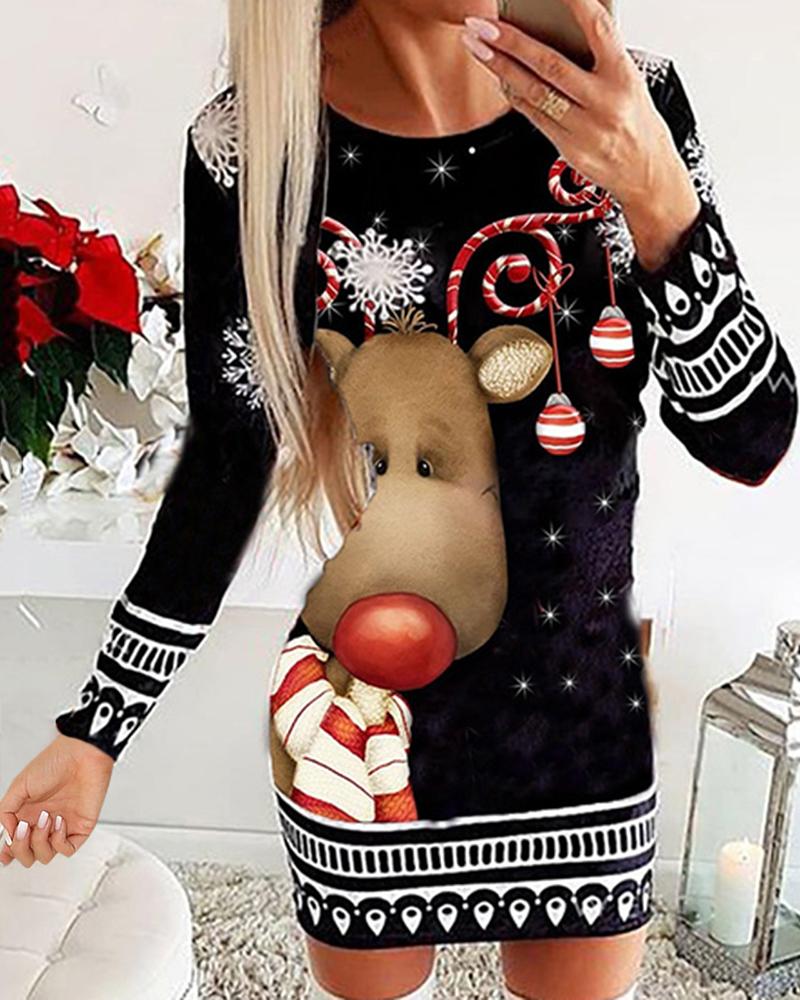 Christmas Graphic Cartoon Print Long Sleeve Bodycon Dress