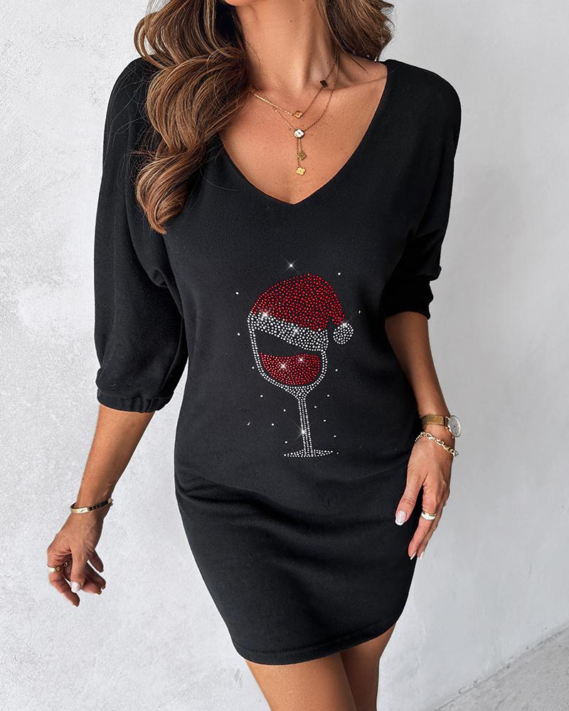 Christmas Wine Glass Print Casual Dress