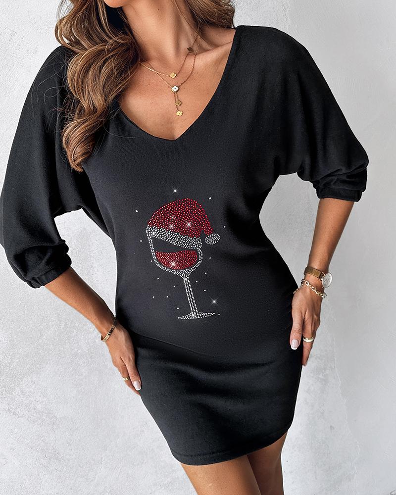 Christmas Wine Glass Print Casual Dress