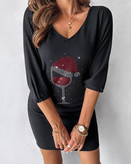 Christmas Wine Glass Print Casual Dress