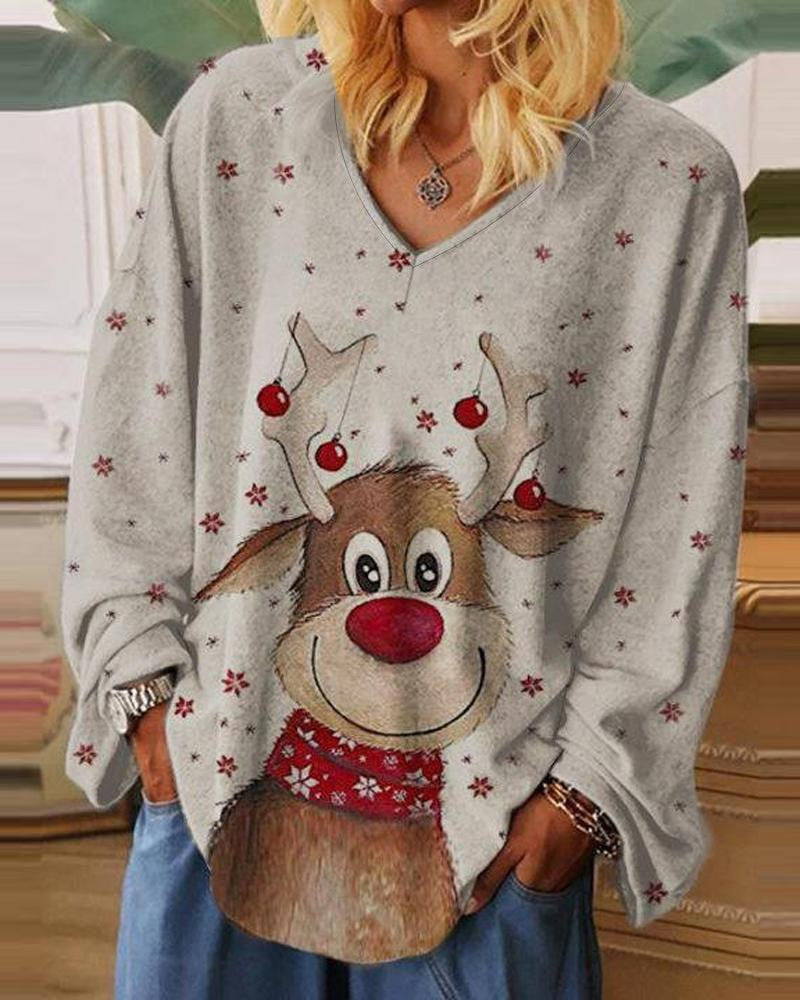 Christmas Snowflake Elk Print Long Sleeve Top