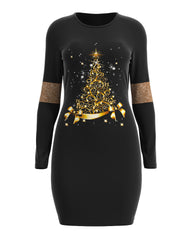 Christmas Tree Print Long Sleeve Bodycon Dress