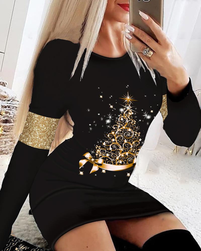 Christmas Tree Print Long Sleeve Bodycon Dress