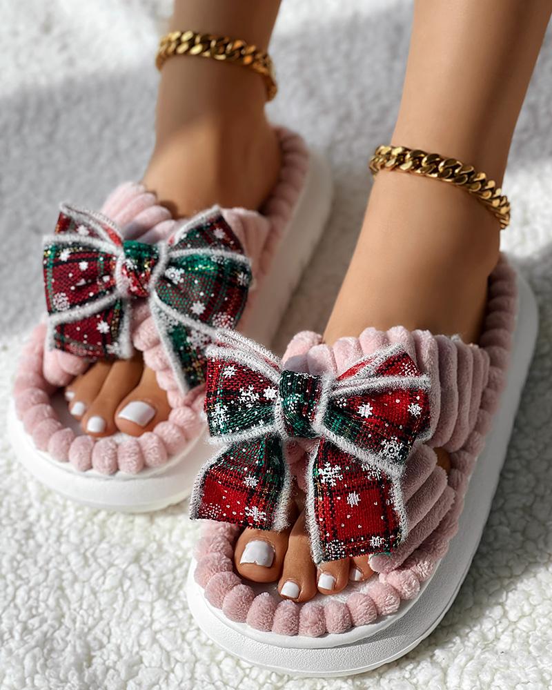 Christmas Plaid Bowknot Design Non Slip Fuzzy Winter Slippers