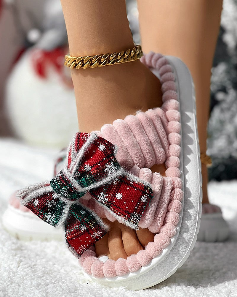 Christmas Plaid Bowknot Design Non Slip Fuzzy Winter Slippers