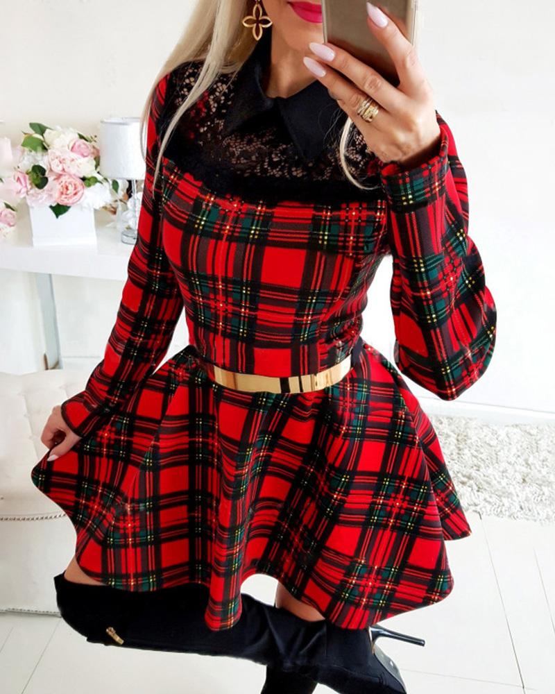 Eyelash Lace Plaid Long Sleeve Dress