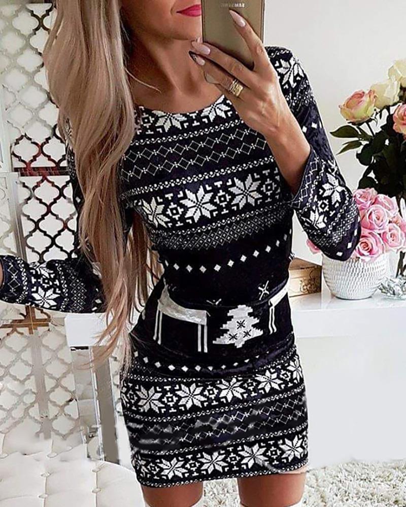 Christmas Mixed Print Long Sleeve Bodycon Dress