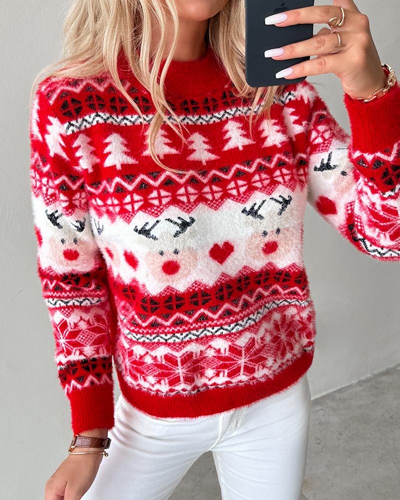 Christmas Trees Reindeer Heart Pattern Knit Sweater