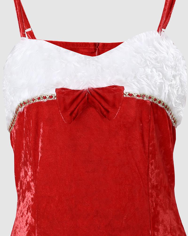 Christmas Velvet Fuzzy Hem Bowknot Decor Party Dress