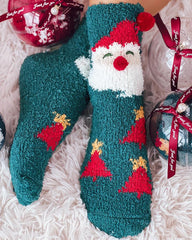 1 par de calcetines térmicos peludos con estampado navideño de copos de nieve, alces y muñecos de nieve