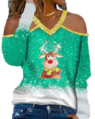 Christmas Snowflake Cartoon Elk Print Cold Shoulder Top