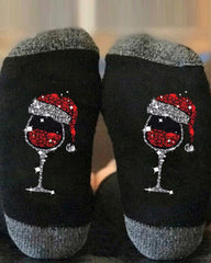 1 par de calcetines navideños con estampado de copas de vino y bloques de color