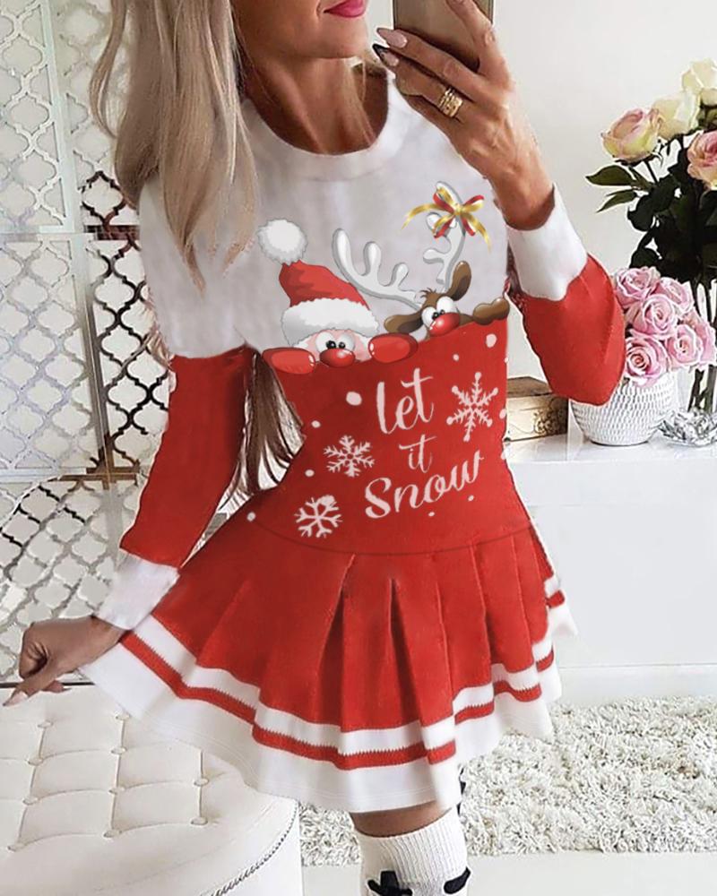 Vestido plisado con estampado navideño de rayas mixtas