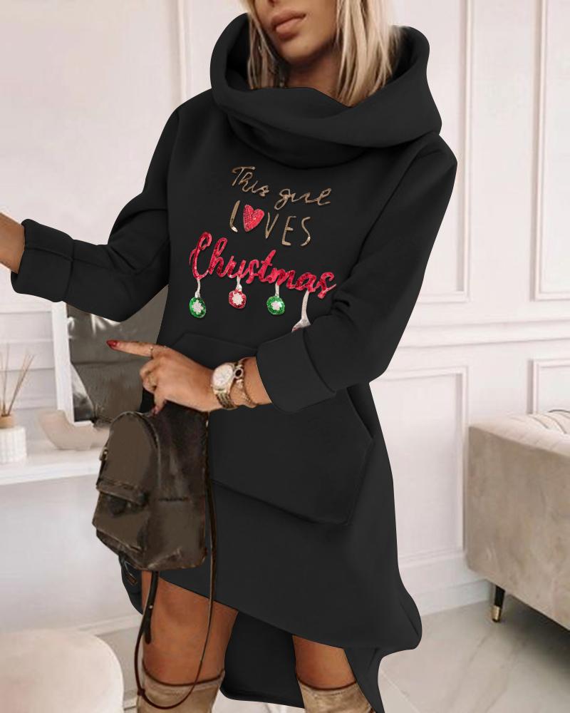 Vestido estilo sudadera con estampado navideño de lentejuelas en contraste