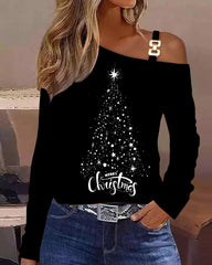 Christmas Tree Print Cold Shoulder Top