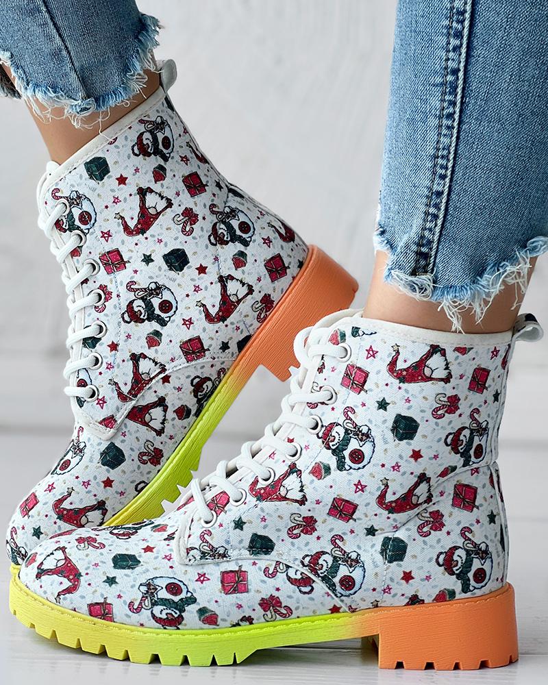 Christmas Gnomes Snowman Graphic Print Ombre Lace up Ankle Boots