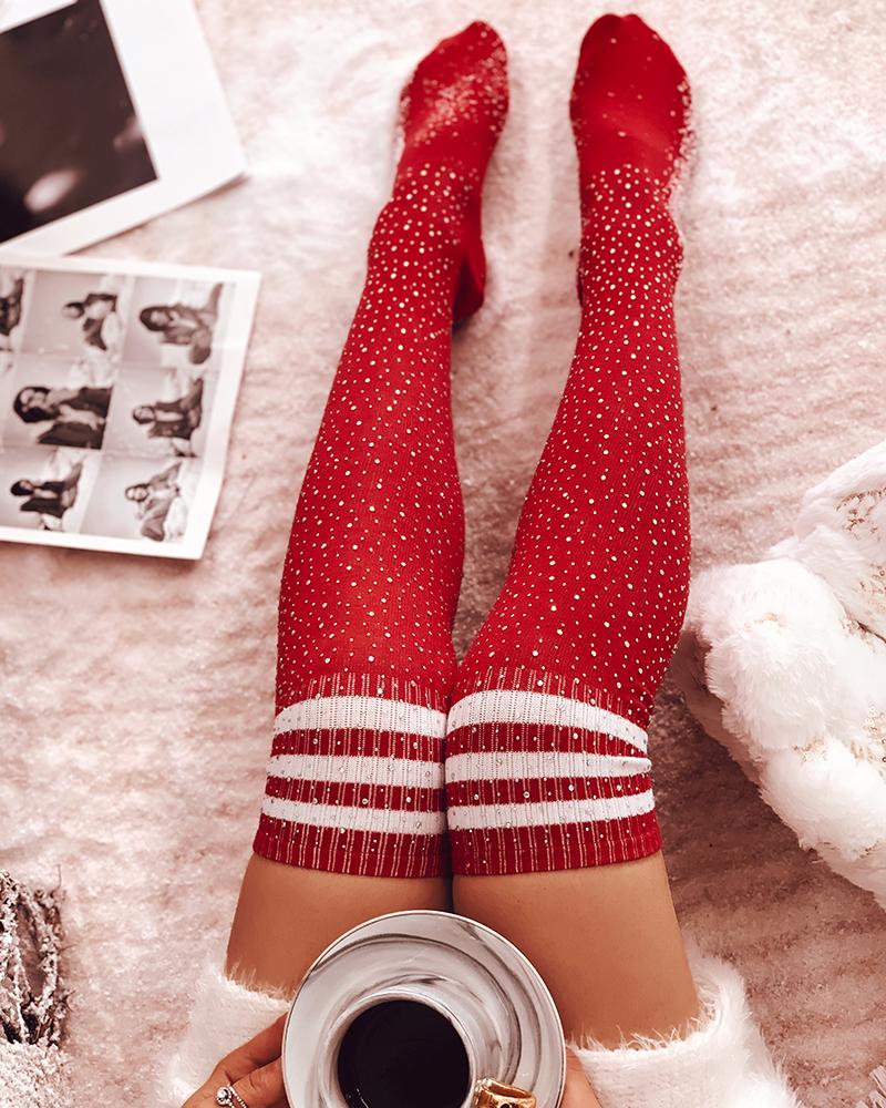 1Pair Christmas Striped Print Rhinestone Decor Long Socks