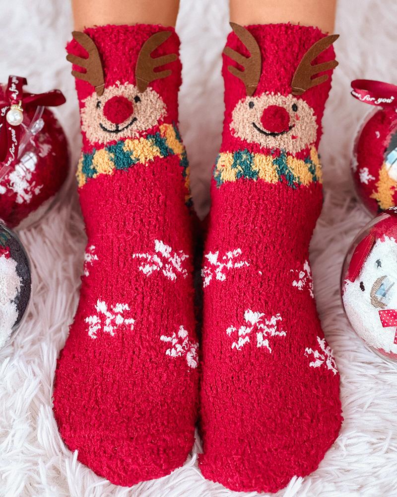 1 par de calcetines térmicos peludos con estampado navideño de copos de nieve, alces y muñecos de nieve