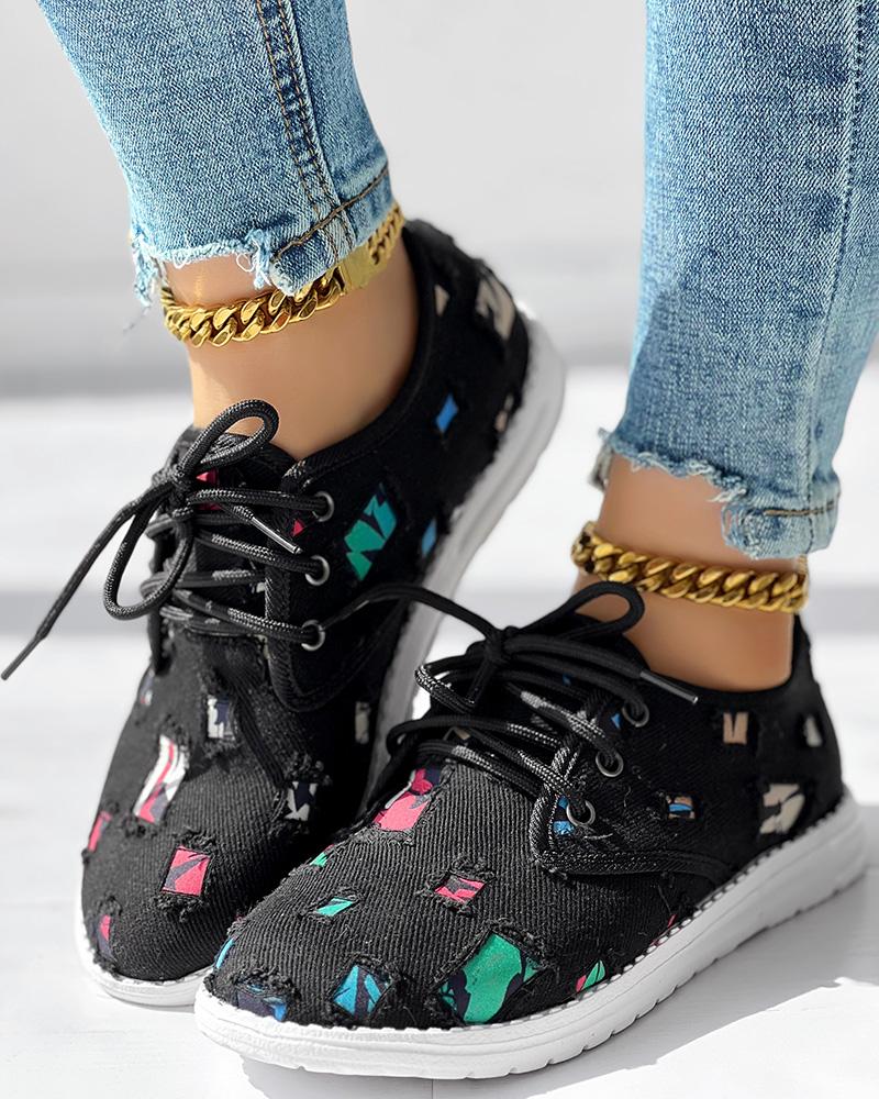 Christmas Lace up Patchwork Ripped Sneakers