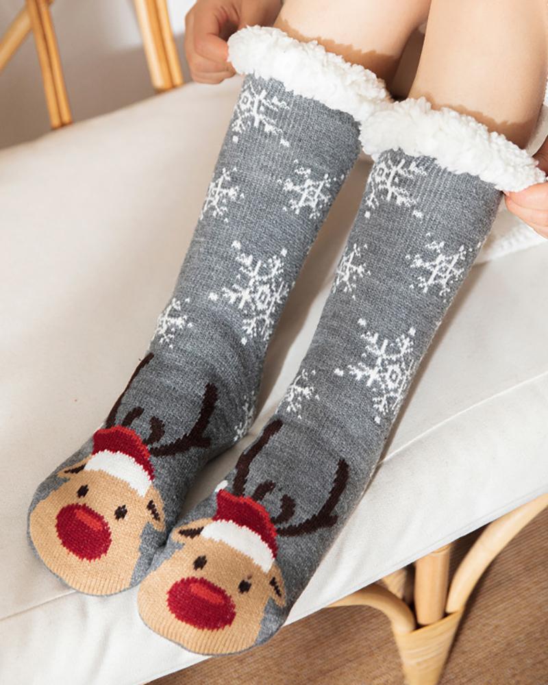 1 Paar gestrickte Thermosocken mit Weihnachtsmotiv und Rentier-Schneeflocke im Cartoon-Stil