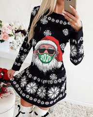 Vestido navideño de manga larga con estampado de copos de nieve de Papá Noel