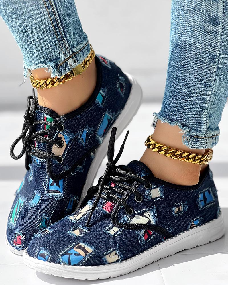 Christmas Lace up Patchwork Ripped Sneakers