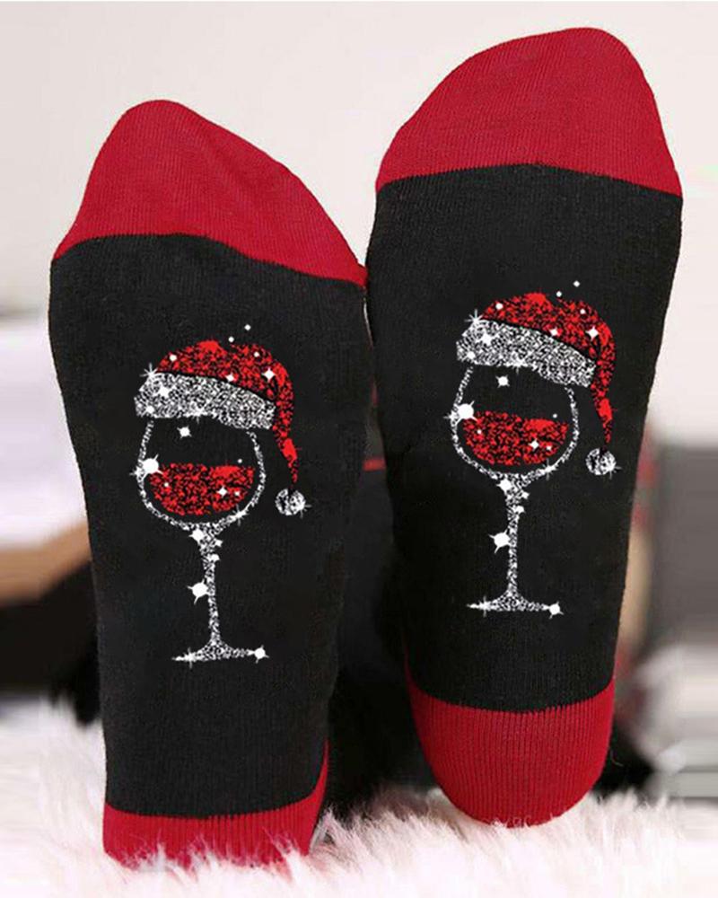 1 par de calcetines navideños con estampado de copas de vino y bloques de color