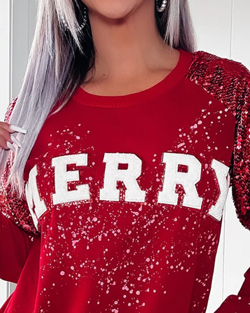 Merry Christmas Ink Splash Print Contrast Sequin Top