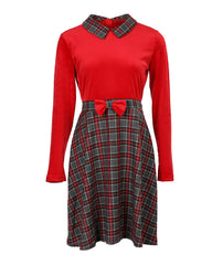 Christmas Bowknot Decor Plaid Print Long Sleeve Dress