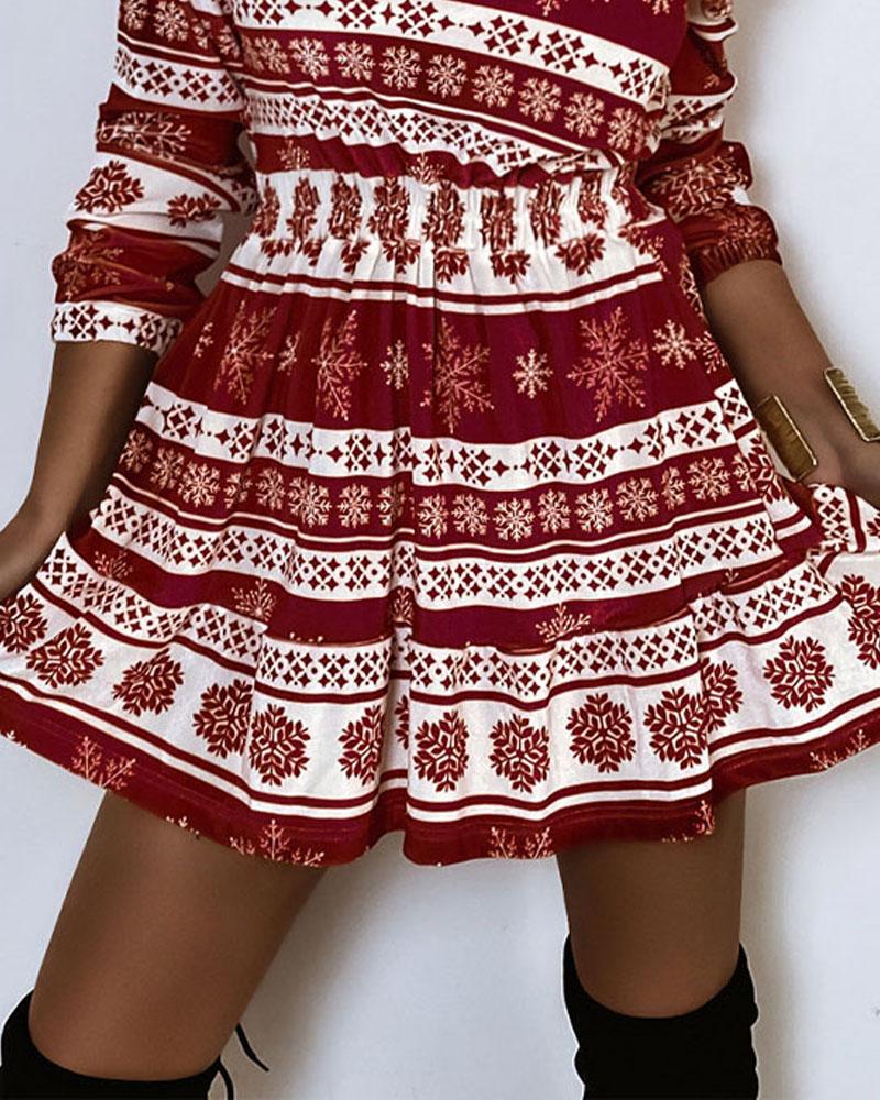 Christmas Fair Isle Pattern Print Long Sleeve Casual Dress