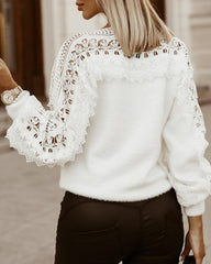 Guipure Lace Lantern Sleeve Knit Sweater