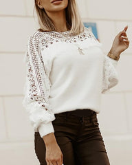 Guipure Lace Lantern Sleeve Knit Sweater