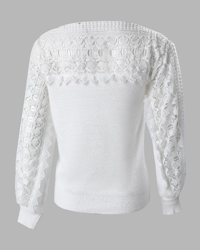 Guipure Lace Lantern Sleeve Knit Sweater