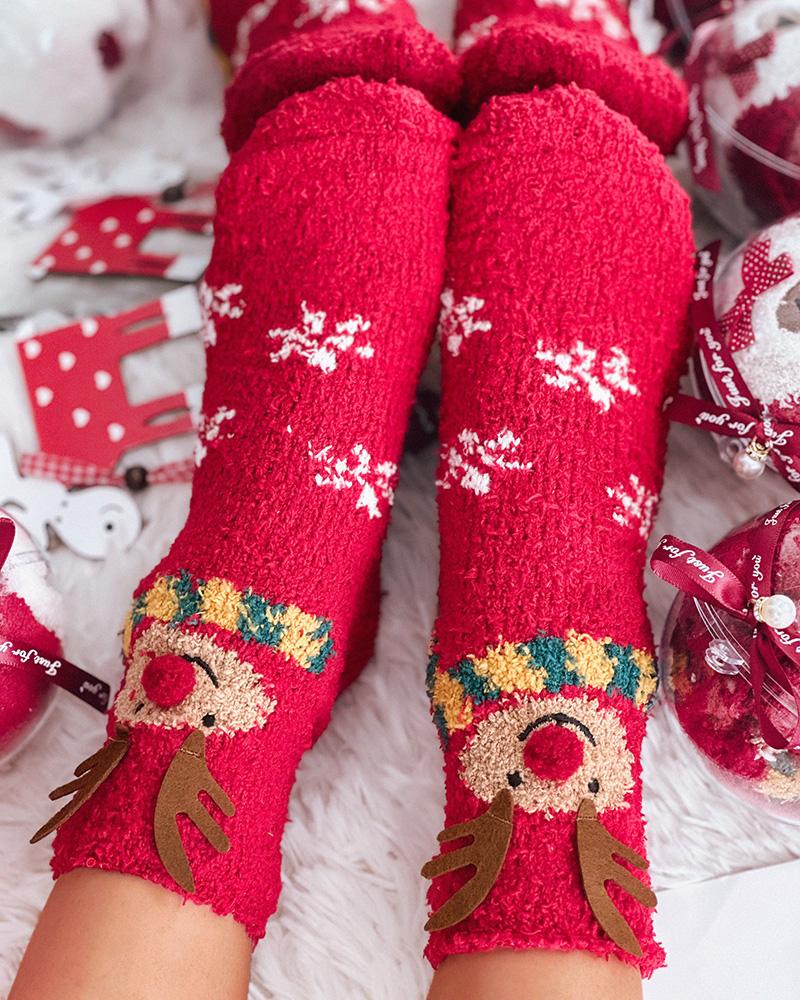 1 Paar Weihnachtssocken mit Schneeflocken-Elch-Schneemann-Muster