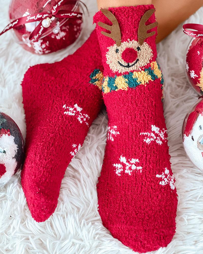 1 par de calcetines térmicos peludos con estampado navideño de copos de nieve, alces y muñecos de nieve