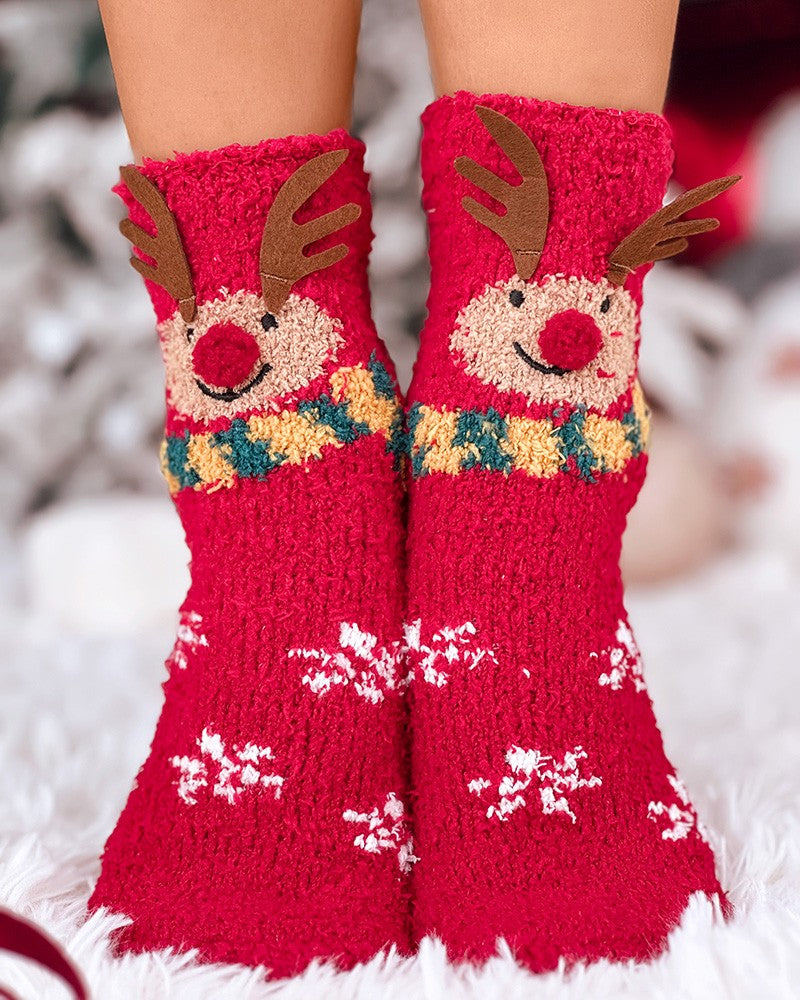 1 par de calcetines térmicos peludos con estampado navideño de copos de nieve, alces y muñecos de nieve