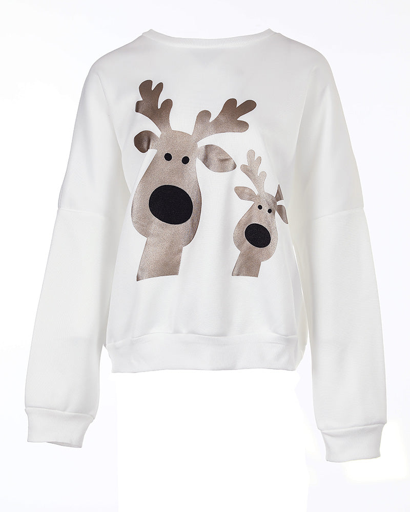 Weihnachts-Cartoon-Elch-Metallic-Langarm-Sweatshirt