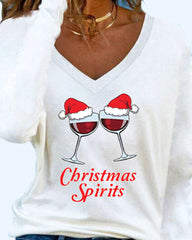 Merry Christmas Wine Glass Print Long Sleeve Top