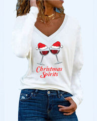 Merry Christmas Wine Glass Print Long Sleeve Top