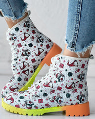 Christmas Gnomes Snowman Graphic Print Ombre Lace up Ankle Boots