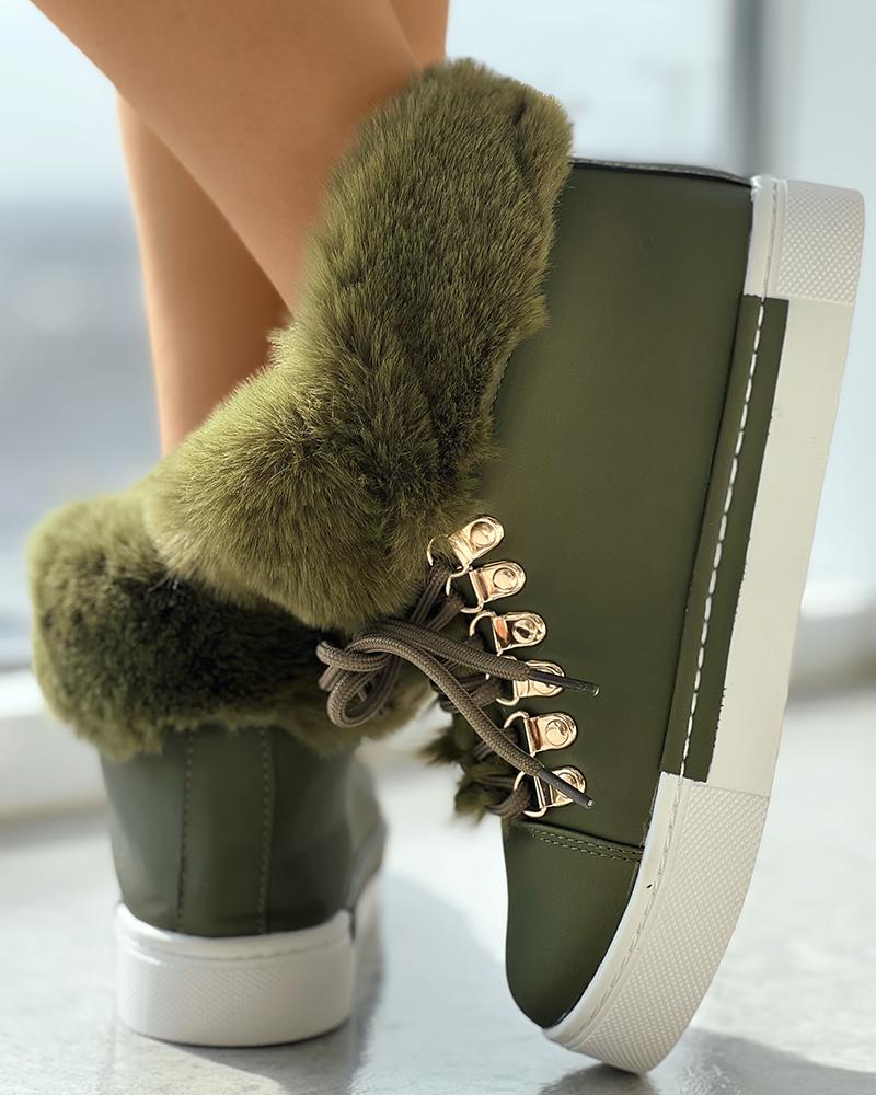 Lace up Fuzzy Detail Lined Ankle Boots